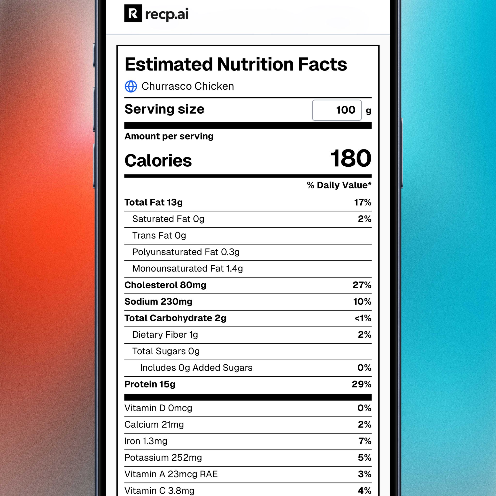 An example of an FDA-style nutrition label generated by Recp.ai for a homemade recipe.