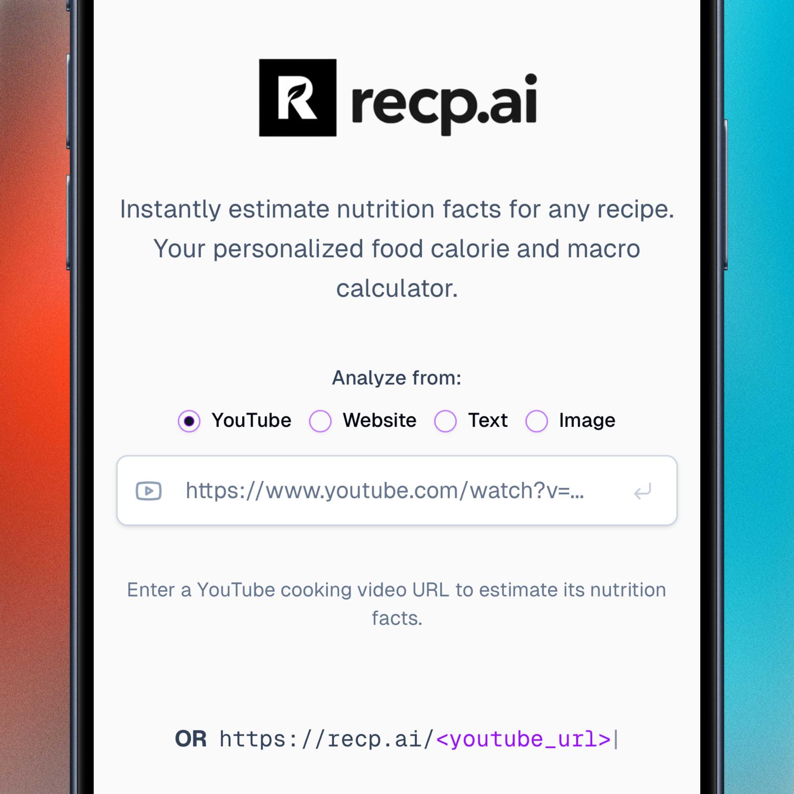 An image of Recp.ai homepage with 4 convenient options for recipe analysis