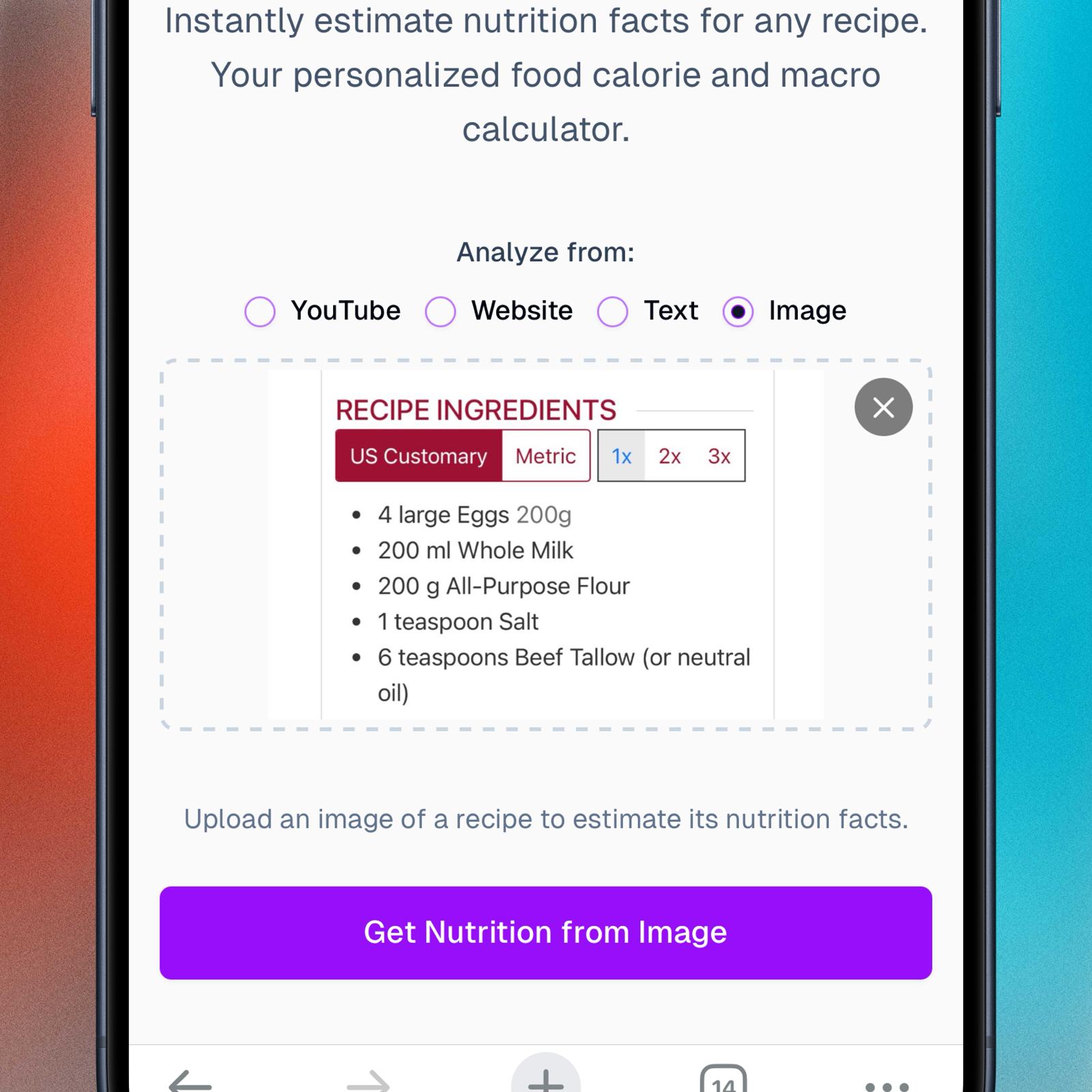 An image of Recp.ai homepage image option to upload recipe photo