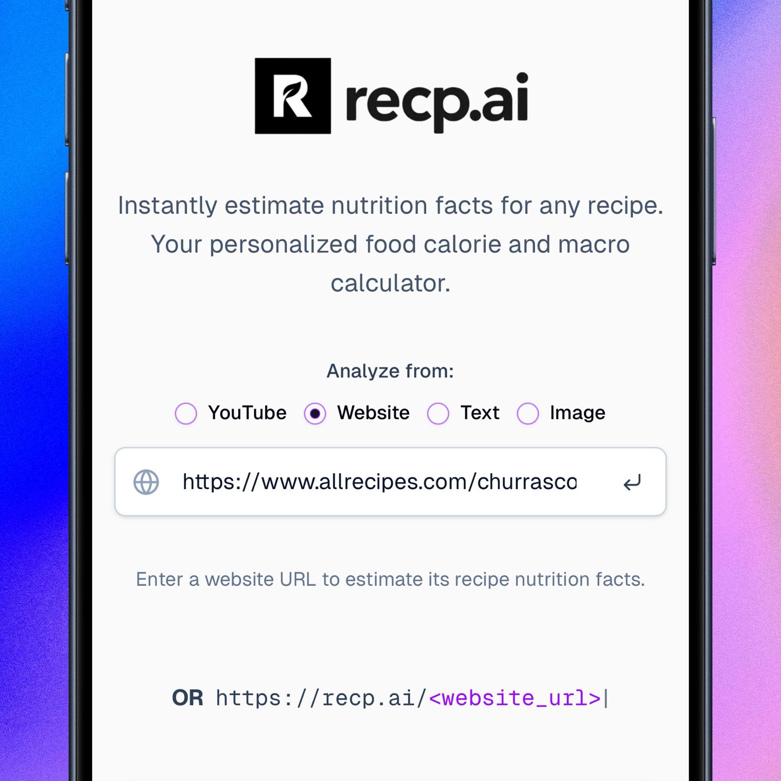 An image of Recp.ai homepage website recipe link