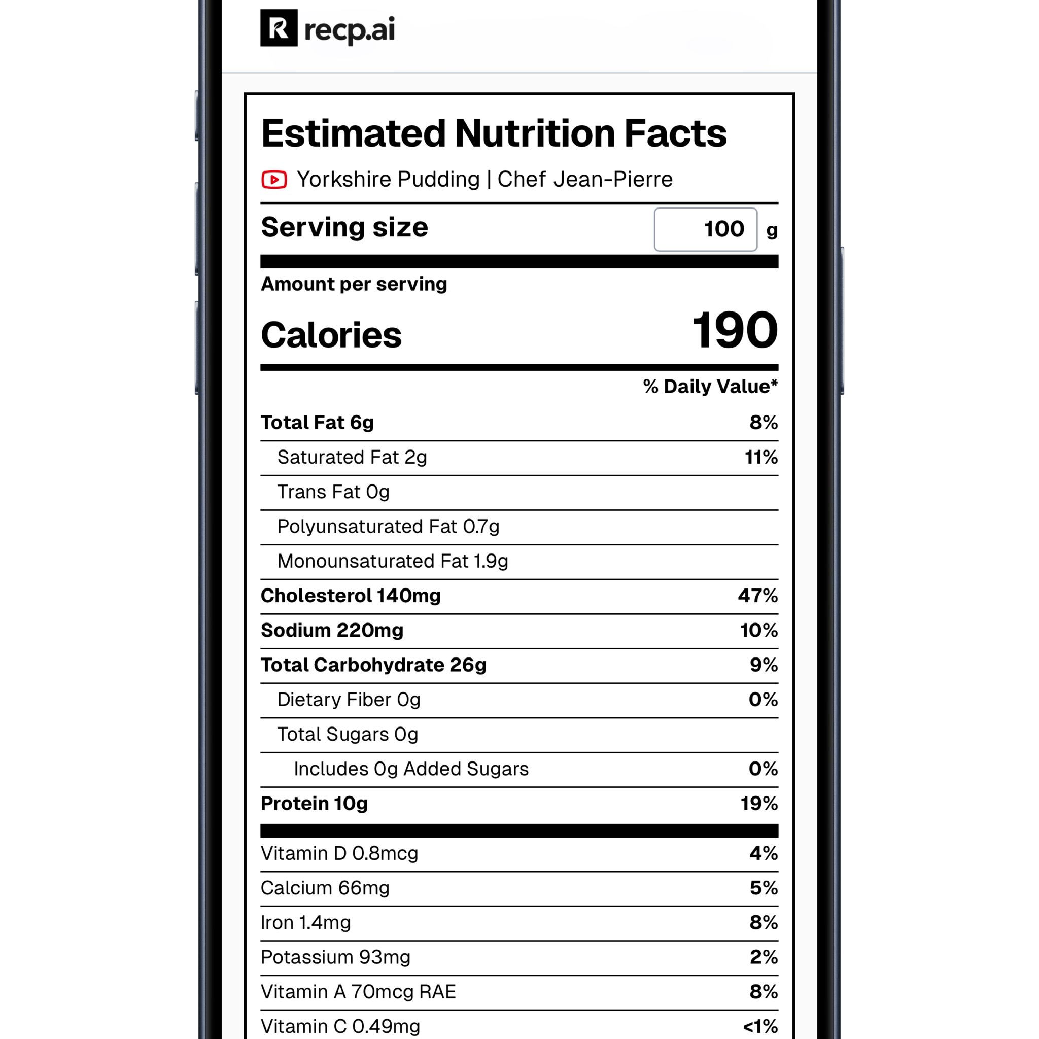 An image of Recp.ai YouTube recipe analysis nutrition label